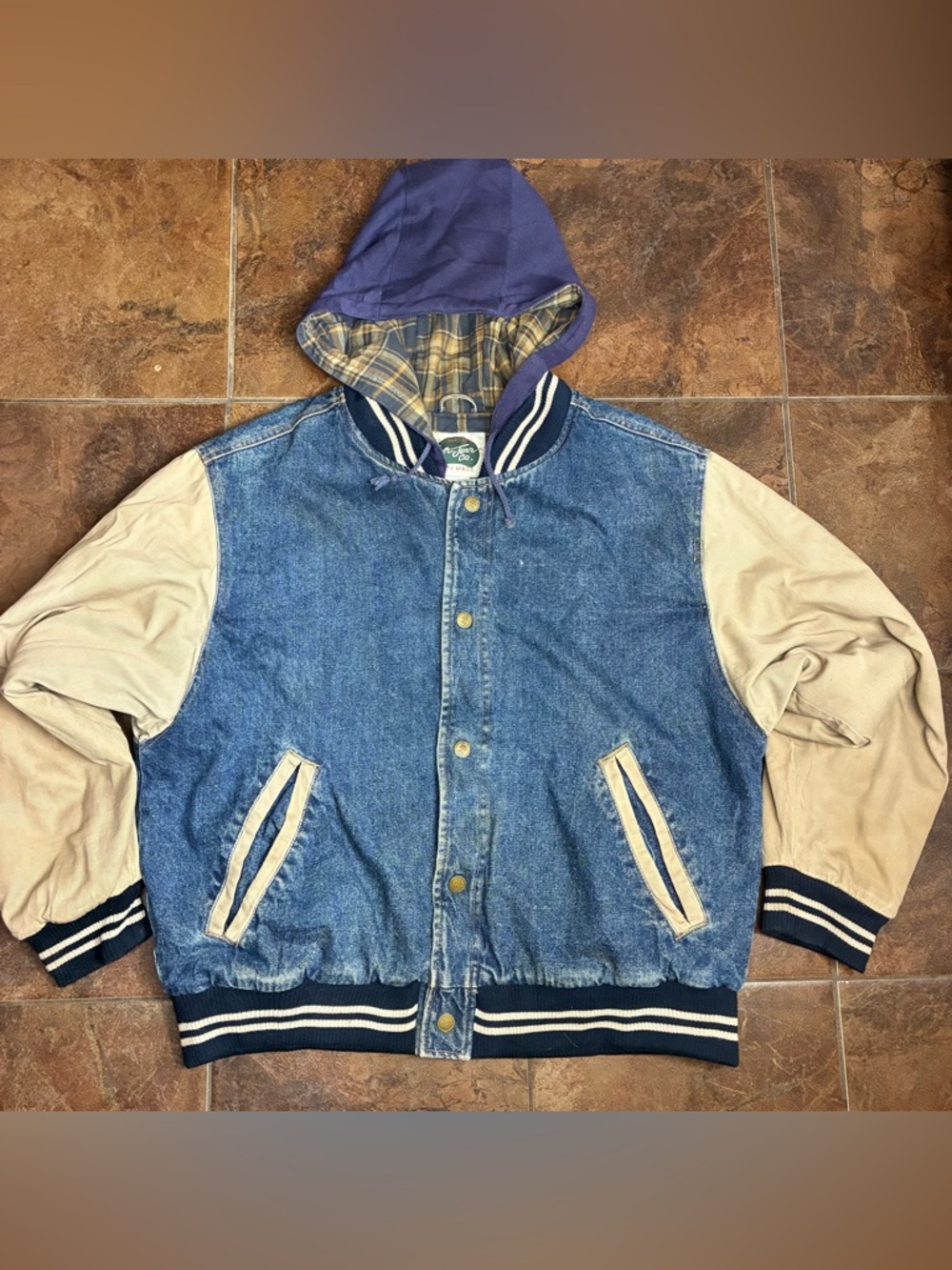 Vintage Denim Bomber Jacket with Beige Sleeves